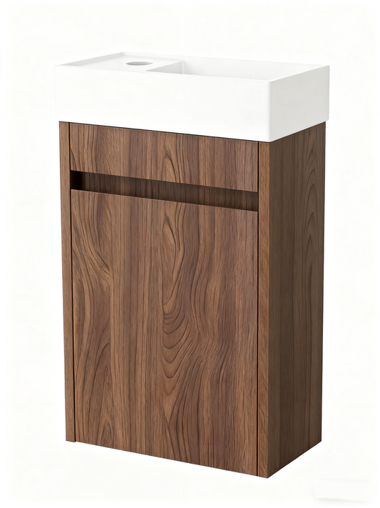 Mueble de baño Nurion Vince - lavabo blanco brillante y armario de madera oscura - 41 x 22,5 x 65 cm