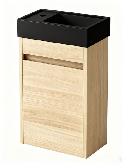Mueble de baño Nurion Sam - lavabo negro mate y armario de madera clara - 41 x 22,5 x 65 cm