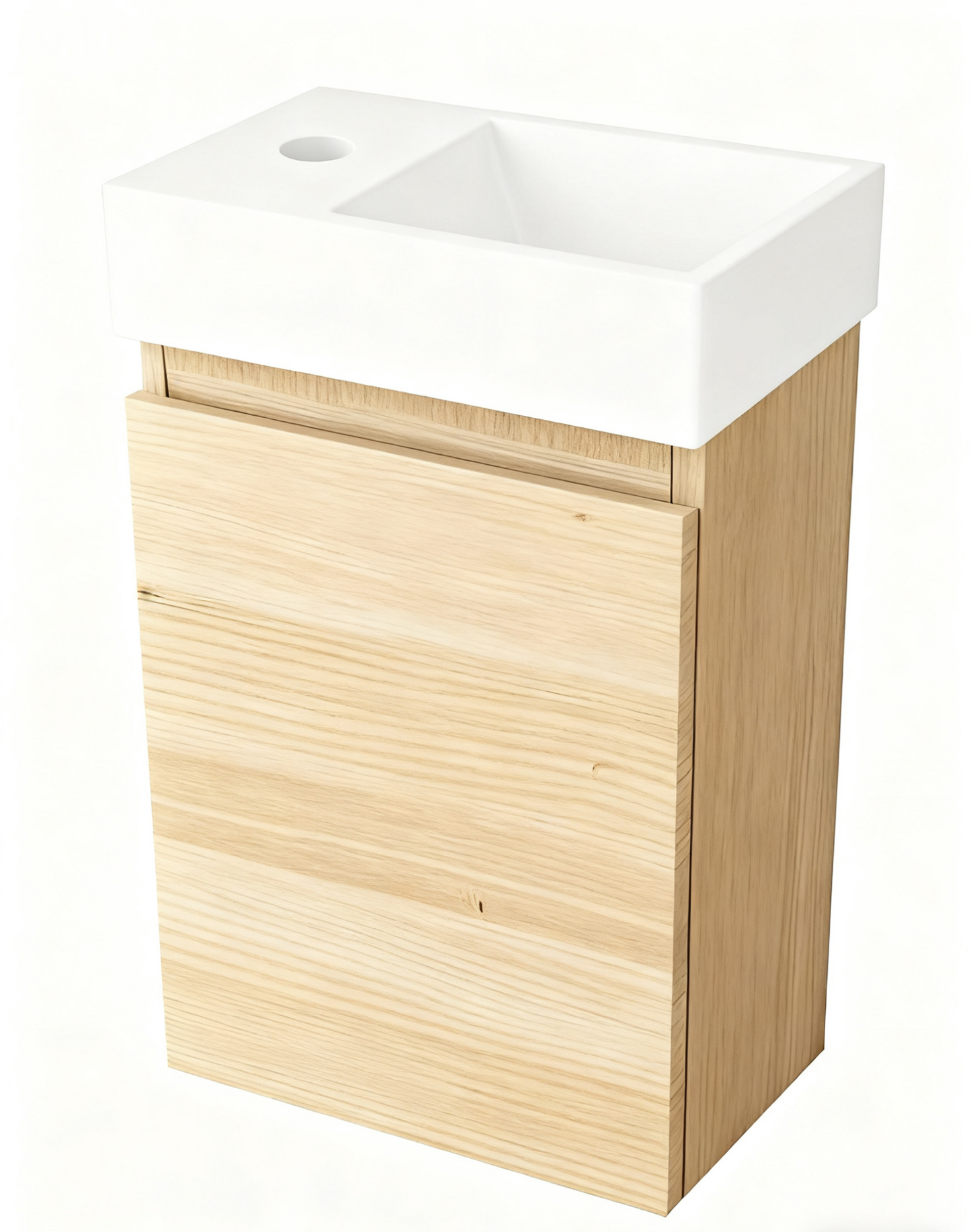 Mueble de baño Nurion Mees: lavabo blanco brillante y armario de madera clara, 41 x 22,5 x 65 cm.