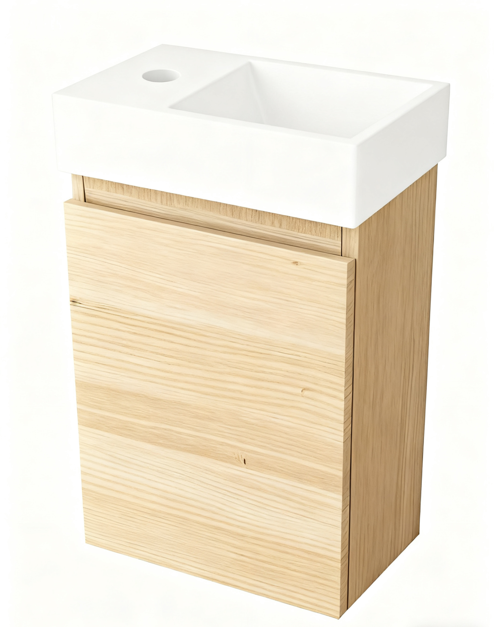 Mueble de baño Nurion Mees: lavabo blanco brillante y armario de madera clara, 41 x 22,5 x 65 cm.