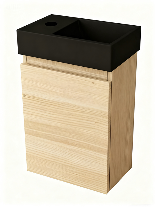 Mueble de baño Nurion Nora - lavabo negro mate y armario de madera clara - 41 x 22,5 x 65 cm