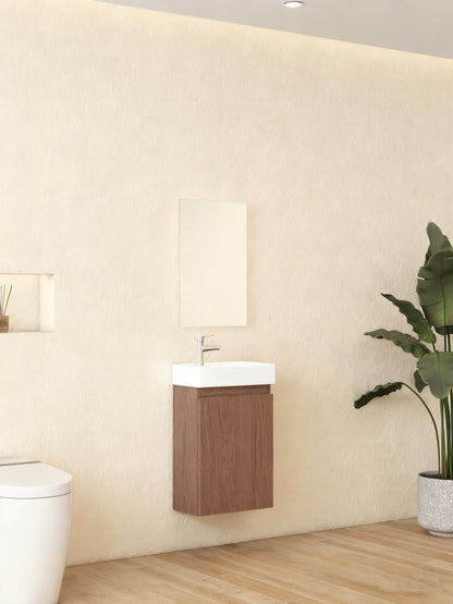 Mueble de baño Nurion Finn: lavabo blanco brillante y armario de madera oscura, 41 x 22,5 x 65 cm.