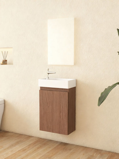 Mueble de baño Nurion Finn: lavabo blanco brillante y armario de madera oscura, 41 x 22,5 x 65 cm.