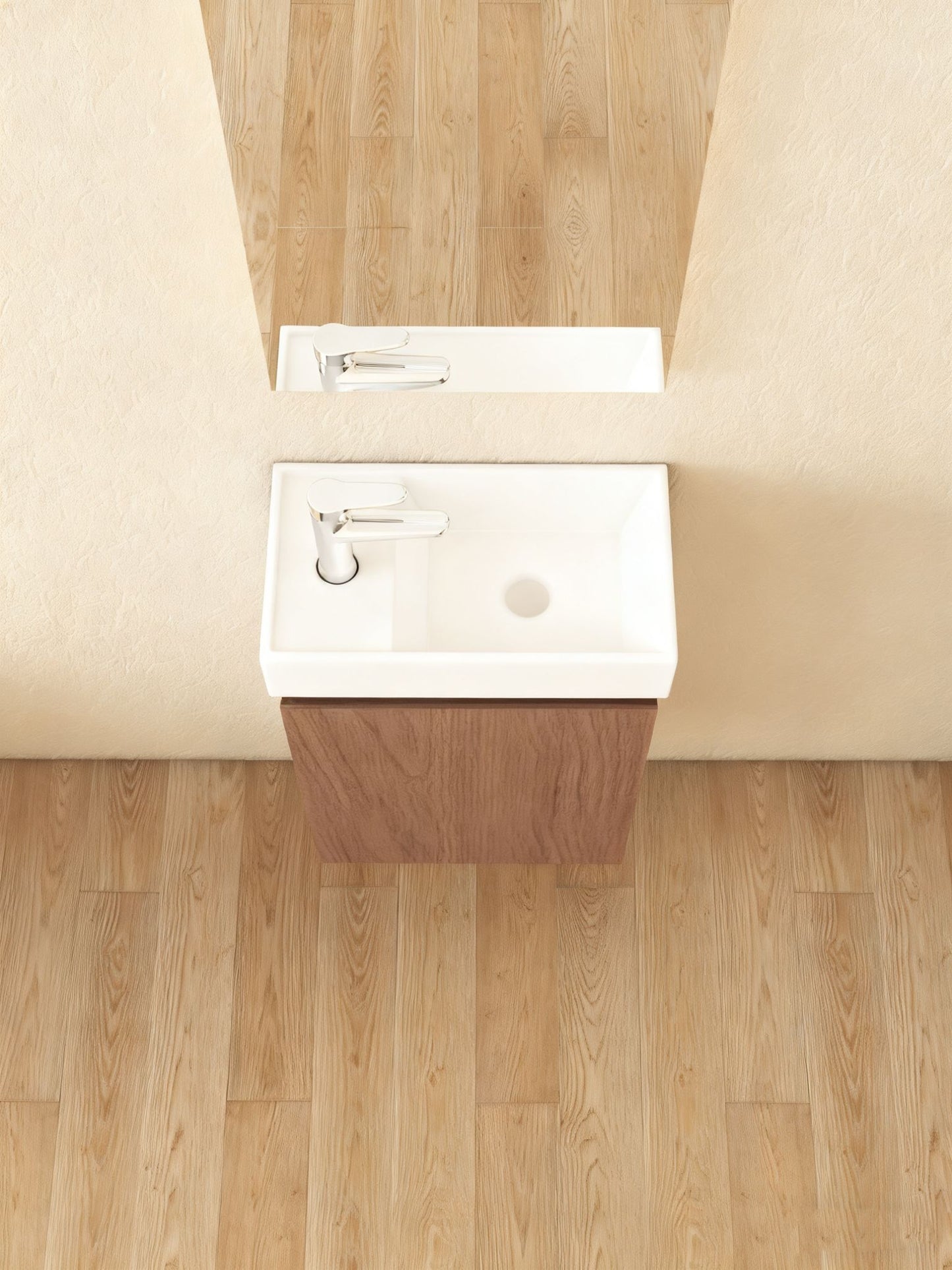 Mueble de baño Nurion Finn: lavabo blanco brillante y armario de madera oscura, 41 x 22,5 x 65 cm.