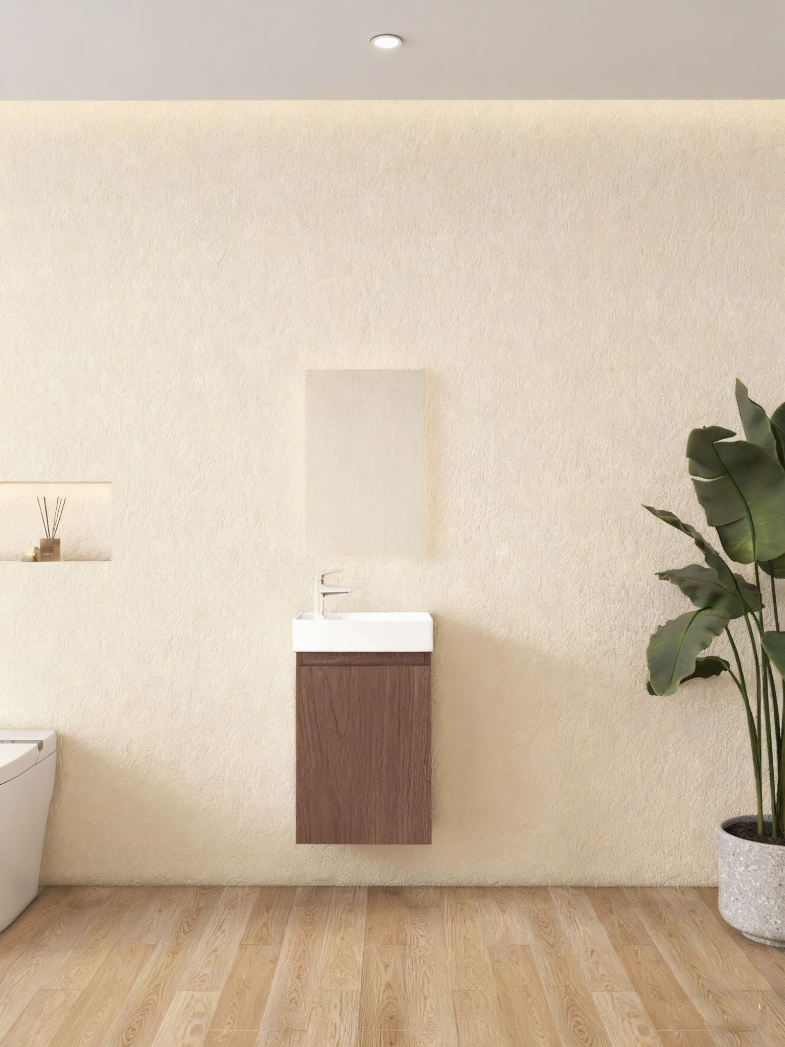 Mueble de baño Nurion Finn: lavabo blanco brillante y armario de madera oscura, 41 x 22,5 x 65 cm.