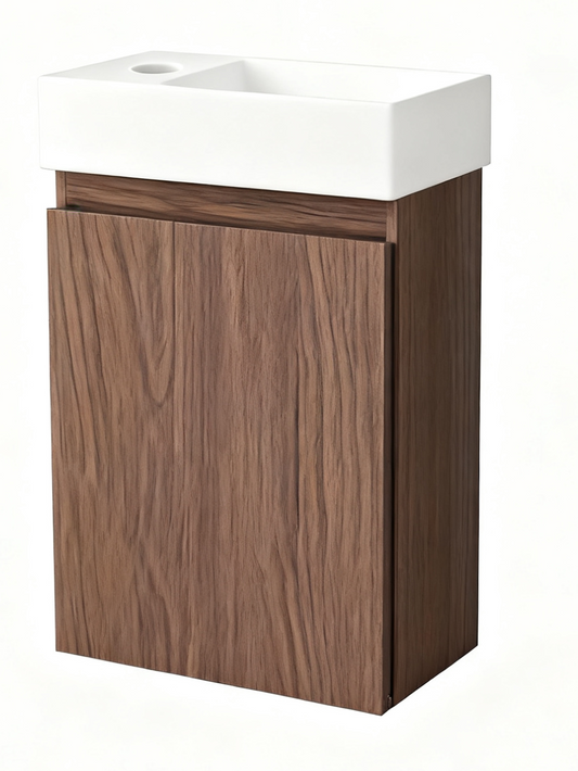 Mueble de baño Nurion Finn: lavabo blanco brillante y armario de madera oscura, 41 x 22,5 x 65 cm.