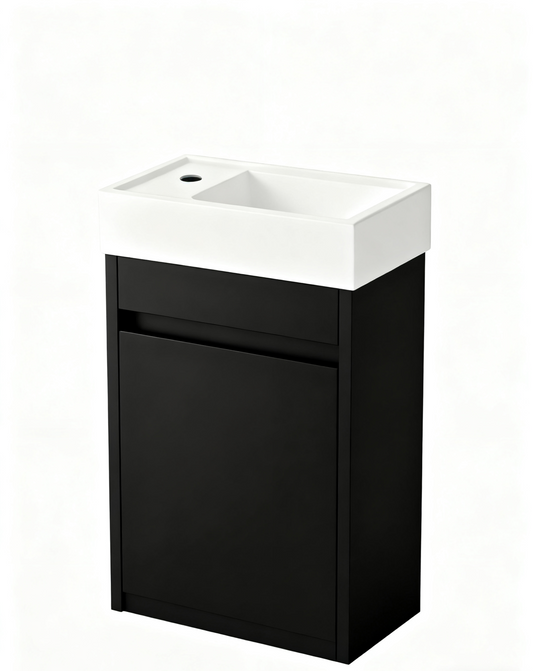 Mueble de baño Nurion Tess - lavabo blanco brillante y armario de madera negra - 41 x 22,5 x 65 cm